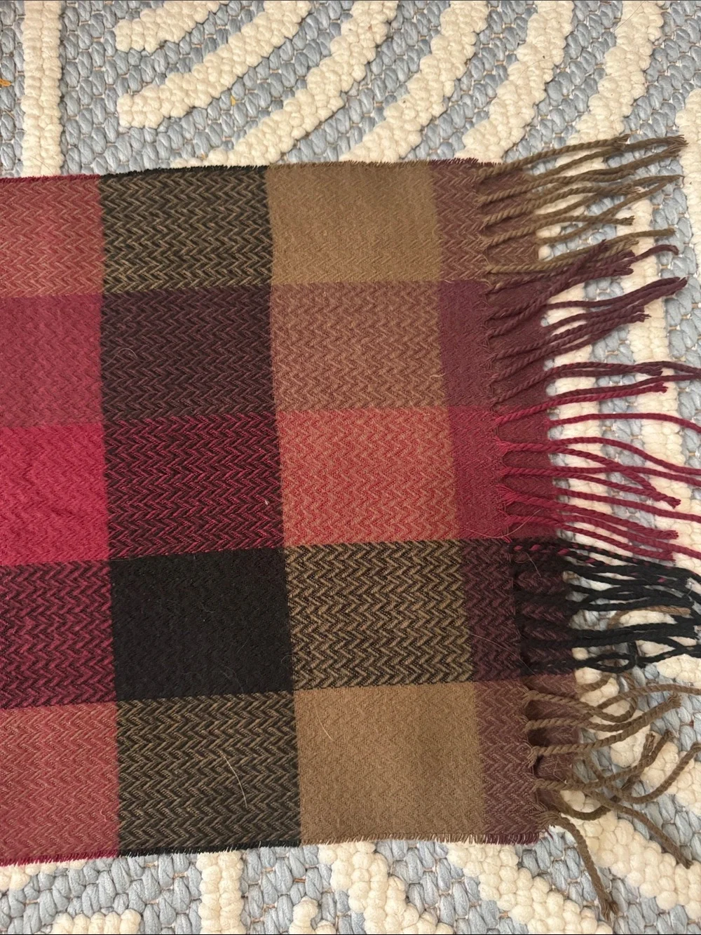 Vintage 100% Cashmere Scarf Made in Scotland Plaid Burgundy Brown Fringe Unisex